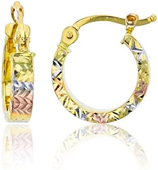 14k Two Tone or Tri Color Gold Solid Diamond Cut Flat Hoop Earrings for Women, 3mm Tube 10mm-65mm Diameter