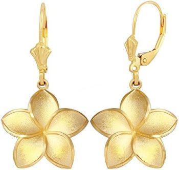 14K Yellow, White, or Rose Gold Matte Finish Hawaiian Flower Plumeria Dangle Earrings (Large) for Women Girls – Choice of Metal