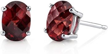 Peora Solid 14K White Gold Garnet Earrings for Women, Genuine Gemstone Birthstone Solitaire Studs, Hypoallergenic 7x5mm Oval Shape, 2 Carats total, Friction Back