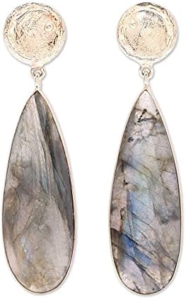 NOVICA Handmade 925 Sterling Silver Gold Accented Labradorite Dangle Earrings Plated 28carat from India Gemstone [2 in L x 0.5 in W x 0.3 in D] ‘Northern Drops’