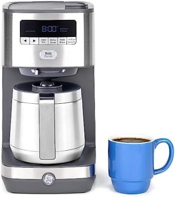 GE Drip Coffee Maker With Timer | 10-Cup Thermal Carafe Coffee Pot Keeps Coffee Warm for 2 Hours | Adjustable Brew Strength | Wide Shower Head for Maximum Flavor | Kitchen Essentials | Stainless Steel