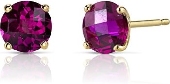 Peora 14K Yellow Gold Created Ruby Stud Earrings for Women, Hypoallergenic Solitaire, 2.25 Carats Round Shape 6mm, AAA Grade, Friction Back