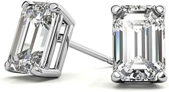 Facets Jewels Moissanite Stud Earings, 1ct-3ct DEF Color Emerald Cut Lab Created Diamond Earring in Pure 10K Gold Friction Push Back for Women