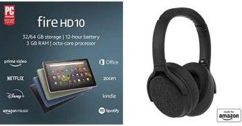 Tablet Bundle: Includes Amazon Fire HD 10 tablet, 10.1″, 1080p Full HD, 64 GB (Black) & Made for Amazon Active Noise Cancelling Bluetooth Headphones (Black)