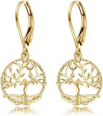 14k Solid Gold Tree of Life Leverback Earrings for Women, Dangle Drop Earrings Birthday Gifts for Her