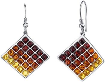 Peora Genuine Multicolor Baltic Amber Dangle Earrings in Sterling Silver, Designer Square Waffle Drops for Women, Fish Hooks