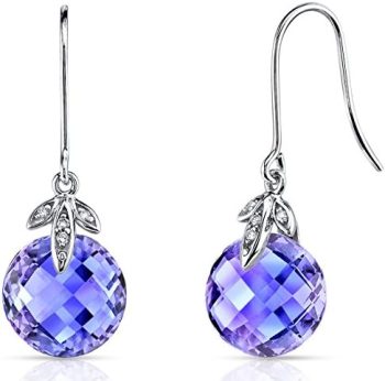 Peora 10.50 Carats Created Alexandrite and Genuine Diamond Dangle Earrings for Women 14K White Gold, Color-Changing Round Shape 10mm, Fishhooks