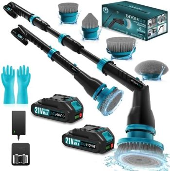 21V Electric Scrubber with 2 Batteries, 1000RPM Electric Spin Power Scrubber with 4 Cleaning Brush, Gloves and Hook, 50 Inch Extendable Cordless Power Scrubber for Bathroom/Tile- 1 Hour Fast Charge