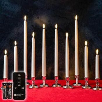 Enchanted Spaces Daily Timer 10 pc Combo Pack of 5 Sizes Flameless LED Ivory Taper Candles, Includes Pairs of 6”, 8”, 10”, 12”, and 14” Candles, Timer Remote, 20 AA Batteries