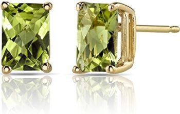 Peora Solid 14K Yellow Gold Peridot Earrings for Women, Genuine Gemstone Birthstone Solitaire Studs, 7x5mm Radiant Cut, 2 Carats total, Friction Back