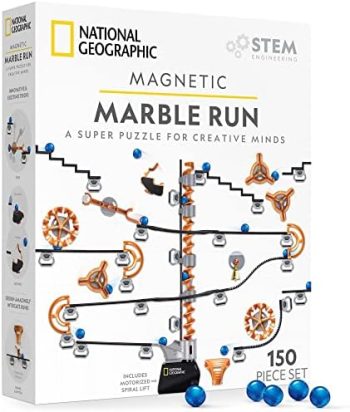 NATIONAL GEOGRAPHIC Magnetic Marble Run – 150-Piece STEM Building Set for Kids & Adults with Magnetic Track & Trick Pieces & Marbles for Building A Marble Maze, STEM Project (Amazon Exclusive)