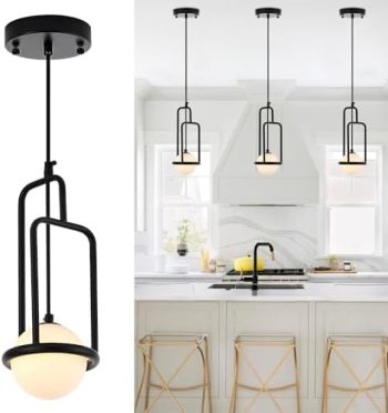 lighceac Mini Modern Globe Black Pendant Light Fixture for Kitchen Island 1-Light Hanging Ceiling Chandelier with Frosted White Glass for Dining Room Bedroom Entryway Living Room Foyer Hallway 3-Pack