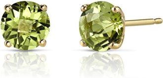 Peora 14K Yellow Gold Peridot Stud Earrings for Women, Genuine Gemstone Birthstone, Round Shape, 6mm, 1.75 Carats total, Friction Back