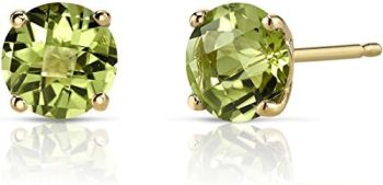 Peora 14K Yellow Gold Peridot Stud Earrings for Women, Genuine Gemstone Birthstone, Round Shape, 6mm, 1.75 Carats total, Friction Back