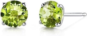 Peora Solid 14K White Gold Peridot Stud Earrings for Women, Genuine Gemstone Birthstone Solitaire, Round Shape, 6mm, 1.75 Carats total, Friction Back