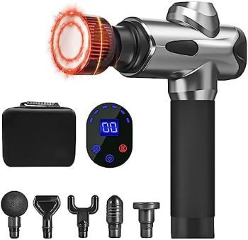 Infinit-E Massage Gun Kit with Heat and Cold, Percussion Muscle Handheld Massage Gun for Athletes, Hand Held Deep Tissue Massager Gun with 6 Interchangeable Heads, 20 Speeds, and Carry Case.