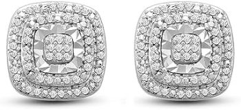 Jewelili 1/4 CTTW Diamond Stud Earrings in Sterling Silver. Choose from Heart, Cushion, or Round shape and Black, Blue, or White Diamonds.