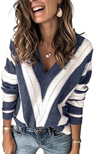 Elapsy Womens Color Block Striped V Neck Sweater Long Sleeve Pullover Knitted Sweater XS-2XL