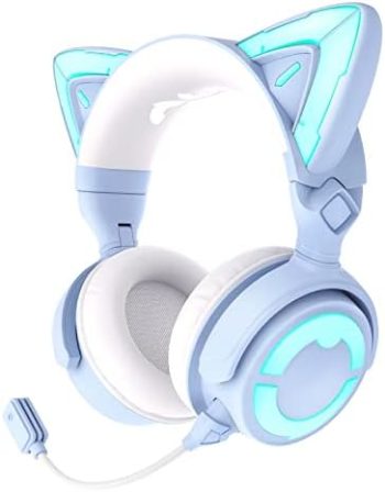 YOWU RGB Cat Ear Headphone 4, Upgraded Wireless & Wired Gaming Headset with Attachable HD Microphone -Active Noise Reduction, Dual-Channel Stereo & Customizable Lighting and Effect via APP (Blue)