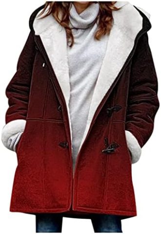 Women Fleece Jacket Casual Buttons Fuzzy Solid Hooded Gradient Plus Size Loose Formal Wool Outdoor Puffer Coat