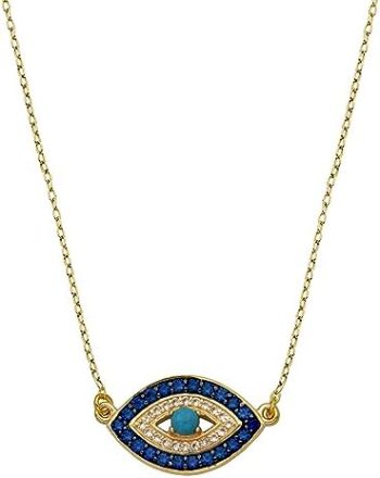 Amazon Collection womens 18k Yellow Gold Plated Sterling Silver Stabilized Turquoise with Created Blue and White Sapphire Evil Eye Necklace, 18″