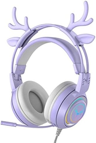 Atrasee Stereo Gaming Headset for PS4 PC Xbox One PS5 Controller, Noise Cancelling Over Ear Headphones with Mic, LED Light, Bass Surround, Soft Memory Earmuffs for Laptop Mac Nintendo (Purple Antlers)