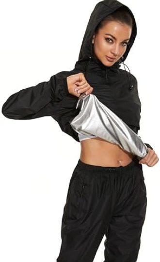 YYQ Sauna Suit for Women Weight Loss Sauna Jackets Sweat Pants Gym Boxing Workout Tops Hoodies Sweat Suit for Women Plus Size