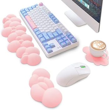 ATTACK SHARK Cloud Mouse Pad Wrist Support and Keyboard Wrist Rest,Ergonomic Design for Typing Pain Relief,Memory Foam Wrist Rest Leather Cup Coaster,Lightweight Desk Gel Hand Wrist Rests(Pink)