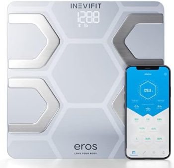 INEVIFIT EROS Bluetooth Body Fat Scale Smart BMI Highly Accurate Digital Bathroom Body Composition Analyzer with Wireless Smartphone APP 400 lbs 11.8 x 11.8 inch (White)