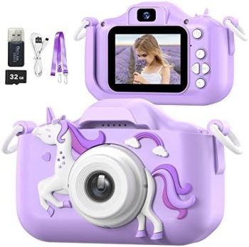 Mgaolo Children’s Camera Toys for 3-12 Years Old Kids Boys Girls,HD Digital Video Camera with Protective Silicone Cover,Christmas Birthday Gifts with 32GB SD Card (Purple)