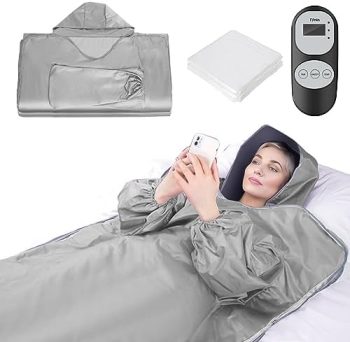 Mooawa Infrared Sauna Blanket for Detox Portable Far Infrared Sauna Blanket Heating with Caps Sleeves Sauna Blanket for Home Therapy Remote Controller Sauna Blanket with 77–176 °F Temp Range Silver