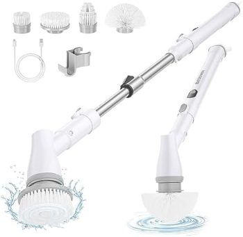 Besswin Electric Spin Scrubber, Cordless Shower Cleaner Brush with Adjustable Extension, 4 Replaceable Cleaning Heads, Power Shower Scrubber for Bathroom, Tub, Tile, Floor White