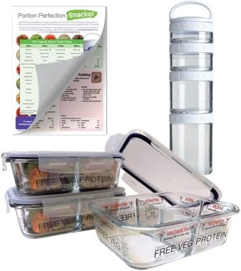 Portion Perfection Portion Control Container – Glass Meal Prep Containers Reusable for Food/Lunchbox 3pk plus 4 Piece Stackable Snack Container | To Go Containers with Lids for Weight Loss