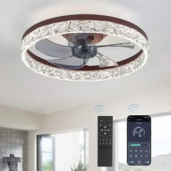 LEDIARY 20″ Modern Ceiling Fans with Lights and Remote, Dimmable Low Profile Ceiling Fan, Flush Mount Bladeless Ceiling Fan, Stepless Color Temperature Change and 6 Speeds – Brown