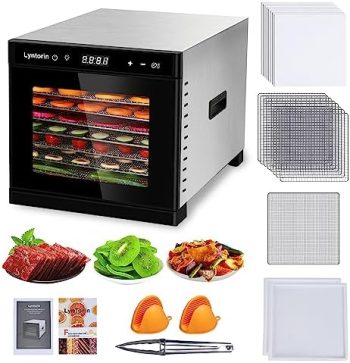 LynTorin Food Dehydrator, 700W 8 Trays Food Dryer Machine with 95-167℉ Adjustable Temperature & 24H Timer, 8.2ft² Drying Space Large Food Dehydrator Machine for Jerky Herbs Fruit Vegetable Snacks, with 8 Stainless Steel Trays, 1 Stainless Steel Mesh Sheet, 8 Silicone Films, 2 Non-Stick Fruit Roll Trays, 2 Gloves, 1 Tong, 1 Recipe Book