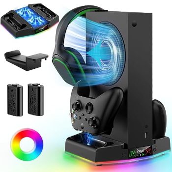 Cooling Stand for Xbox Series S with Charging Station & RGB Light, MENEEA Low Noise Fan for Console & Fast Charger of Controller, Accessories Kit with 2* 1400mAh Rechargeable Batteries, Headphone Hook