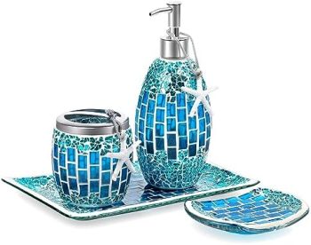 Joeyan Handmade Blue Glass Bathroom Accessories Set,Mosaic Decorative Bathroom Set Includes Soap Dispenser & Toothbrush Holder & Soap Dish & Vanity Tray,Gift for Home & Countertop Organizer,Set of 4