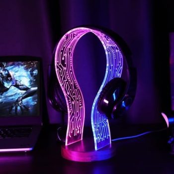 COOLGIFT MART Gifts for Gamers and Music Lovers, Light Up Headphone Stand, Walnut Wood Headset Holder with Blue Pink LED Night Light, Ideal Desk Accessory