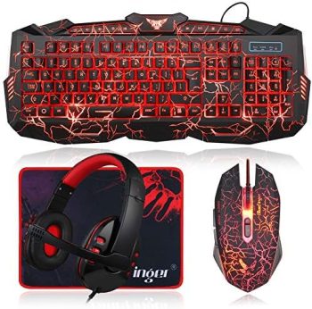 BlueFinger Gaming Keyboard Mouse Headset Combo,USB Wired Crack Backlit Keyboard,114 Keys Letters Glow LED Keyboard,Red LED Light Headset for Laptop PC Computer Work and Game