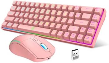 Snpurdiri 60% Wireless Gaming Keyboard and Mouse Combo,LED Backlit Rechargeable 2000mAh Battery,Mini Mechanical Feel Anti-ghosting Keyboard + 6D 3200DPI Mouse for Gaming,Business Office (Pink)