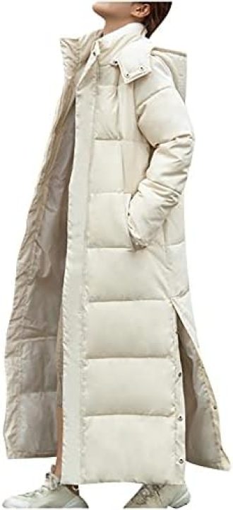 NaRHbrg Long Quilted Coat Hooded Women Maxi Length Puffer Jacket Padded Coat Winter Thickened Side Split Down Parka Outerwear