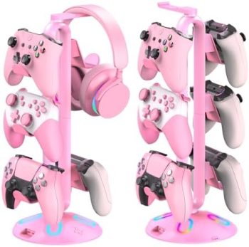 Canmarin Gaming RGB Headphone Stand, Controller Holder with 9 Light Modes – Headset Stand with 2 USB Charging Ports and 3.5mm & Type-C – Controller Stand Hanger Accessories for Desk and Gamer(Pink)…