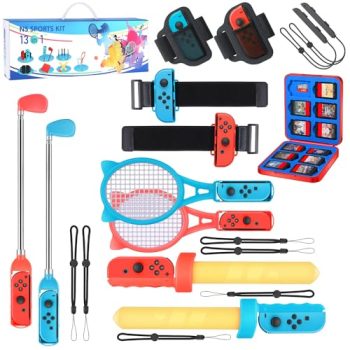 Switch Sports Accessories Bundle – 13 in 1 Family Pack with Tennis Rackets, Adjustable Golf Clubs, Chambara Swords, Soccer Leg Straps, Wrist Band, Joycon Strap, Game Case for Switch & OLED