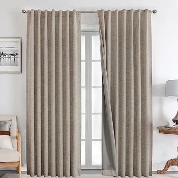 Joydeco 100% Blackout Curtains 108 inches Long Natural Linen Drapes 2 Panels Set Burg for Bedroom Living Room Black Out Darkening Curtain Thermal Insulated Back tab Rod Pocket(52×108 inch,Linen)