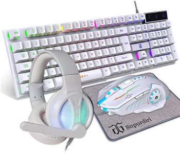 DGG Gaming Keyboard and Mouse and Gaming Headset & Mouse Pad,RGB Backlight Bundle for PC Gamers Gift Users_4 in 1 White Edition