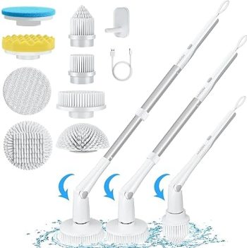 MABOGU Electric Spin Scrubber, Cordless Shower Scrubber with 8 Replaceable Brush Heads, Bathroom Scrubber Dual Speeds, Shower Cleaning Brush with Extension Arm for Bathroom Tub Tile Floor(Grey&White)