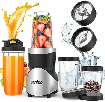 Ganiza Smoothie Blender, Blender for Shakes and Smoothies, 15-Piece Personal Blender and Grinder Combo for Kitchen, Smoothies Maker with 4 BPA-Free Portable Blender Cup, Nutritious Recipe, MAX 900W