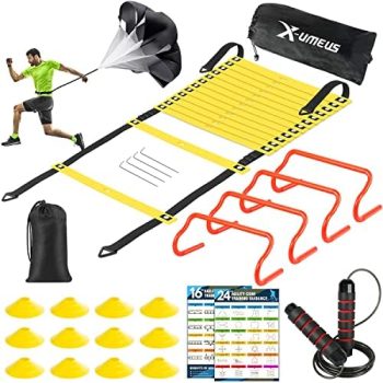 X-UMEUS Agility Ladder Speed Training Equipment Set-20ft Agility Ladder,12 Soccer Cones,4 Hurdles, Jump Rope, Running Parachute| Basketball Football Soccer Training Equipment for Kids Youth Adults