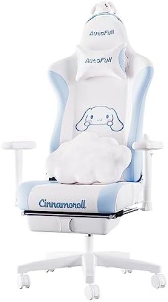 AutoFull Cinnamoroll Gaming Chair High Back Ergonomic Office Desk Computer Chair with Lumbar Support, Racing Style PU Leather Task Chair with Footrest, White & Blue