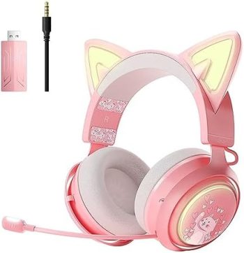 SOMIC Cat Ear Headphones, 2.4G/Bluetooth Wireless Gaming Headset for PS5, PS4, PC with RGB Lights and Retractable Mic, 10Hrs Playtime, 7.1 Surround Sound for Laptop, Smartphone-GS510 Pro – Pink